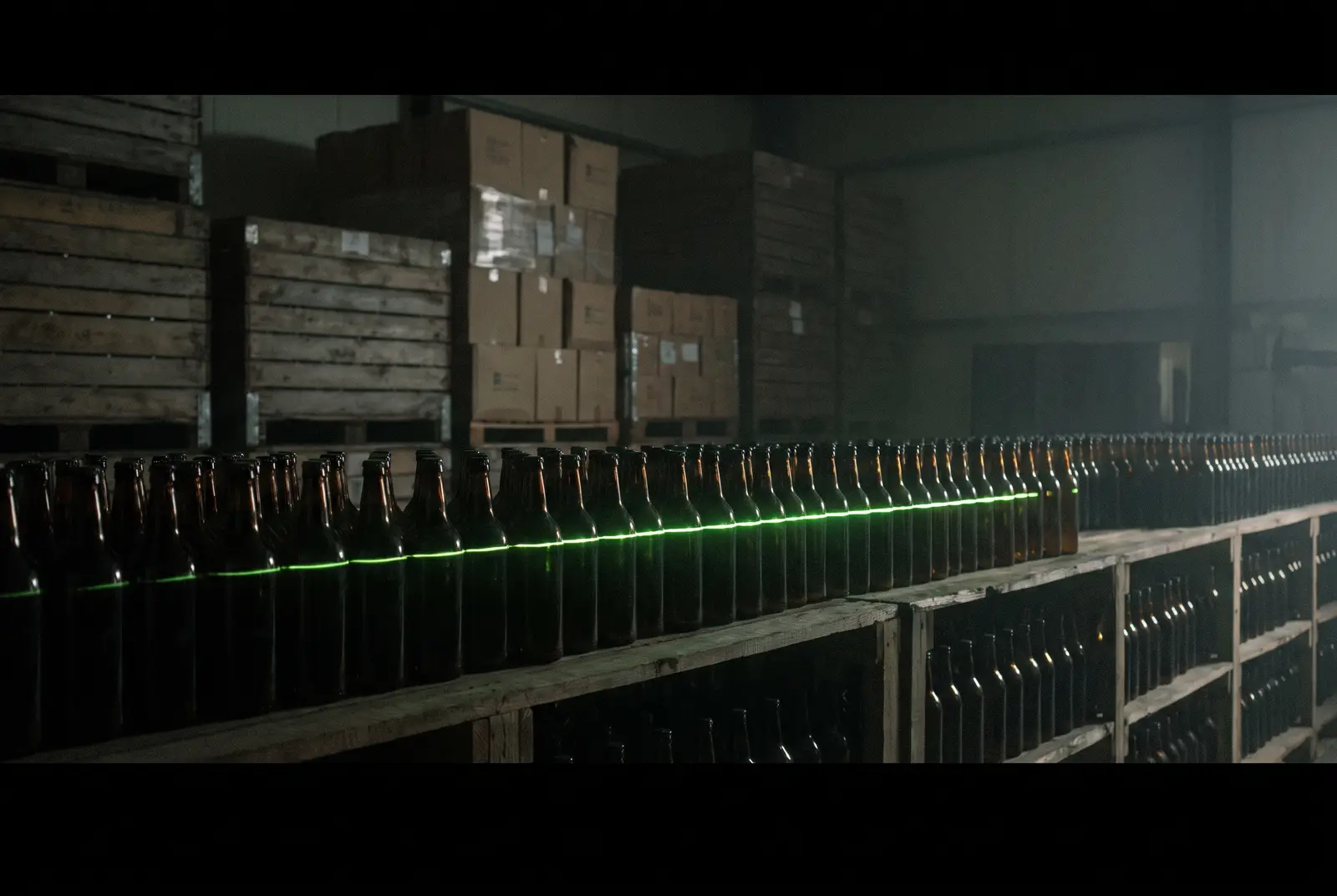 Almacen agroalimentario de noche con botellas de aceite en estantes de madera