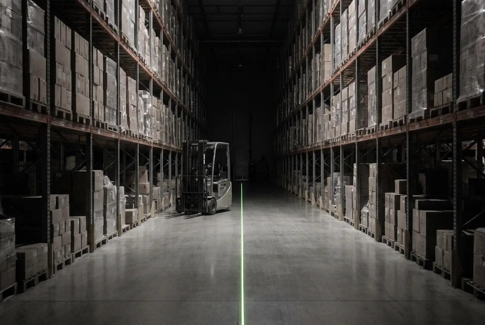 Almacen de distribucion de noche con estanterias altas y una linea lima en el pasillo