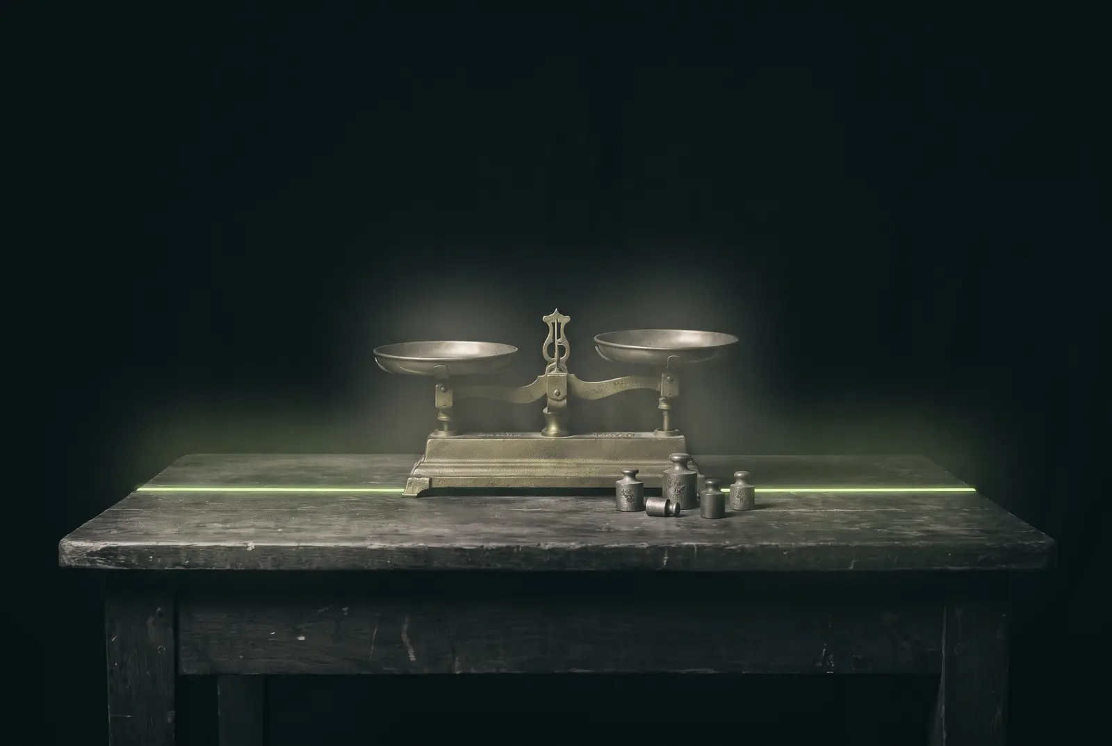 Balanza de dos platos sobre una mesa oscura con una linea de luz lima