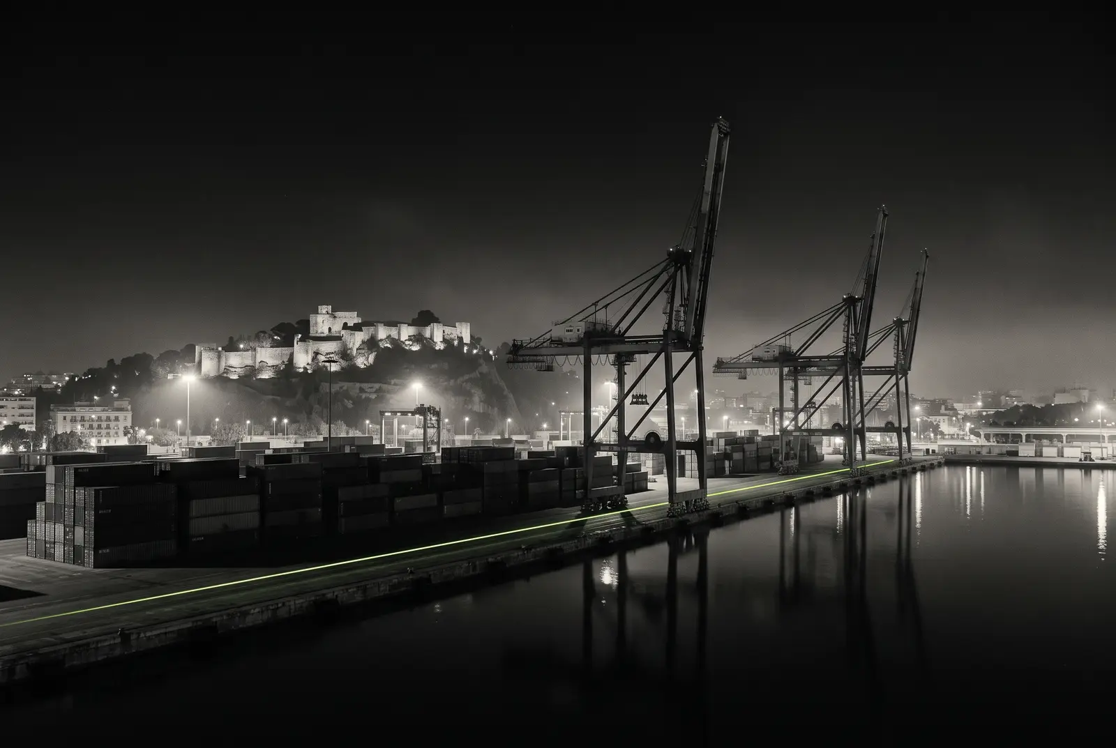 Gruas del puerto de Malaga de noche con el Gibralfaro al fondo