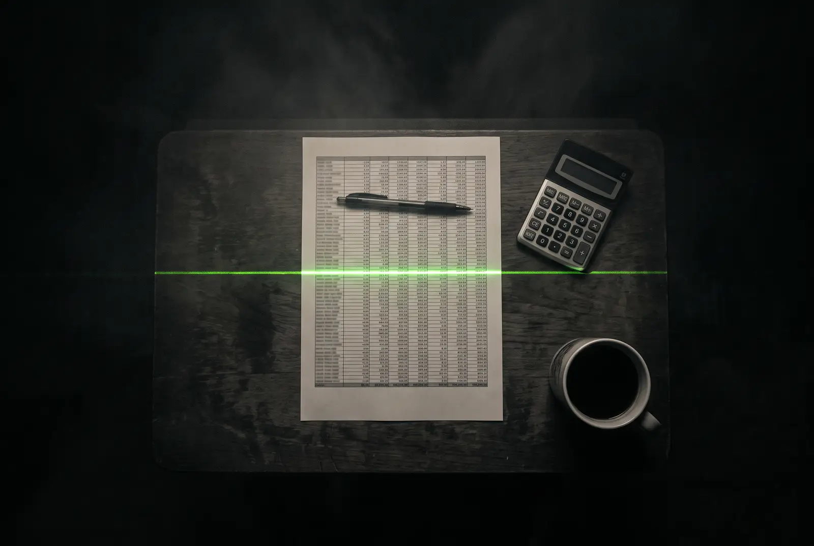 Mesa de noche con una hoja de numeros, un boligrafo y una calculadora