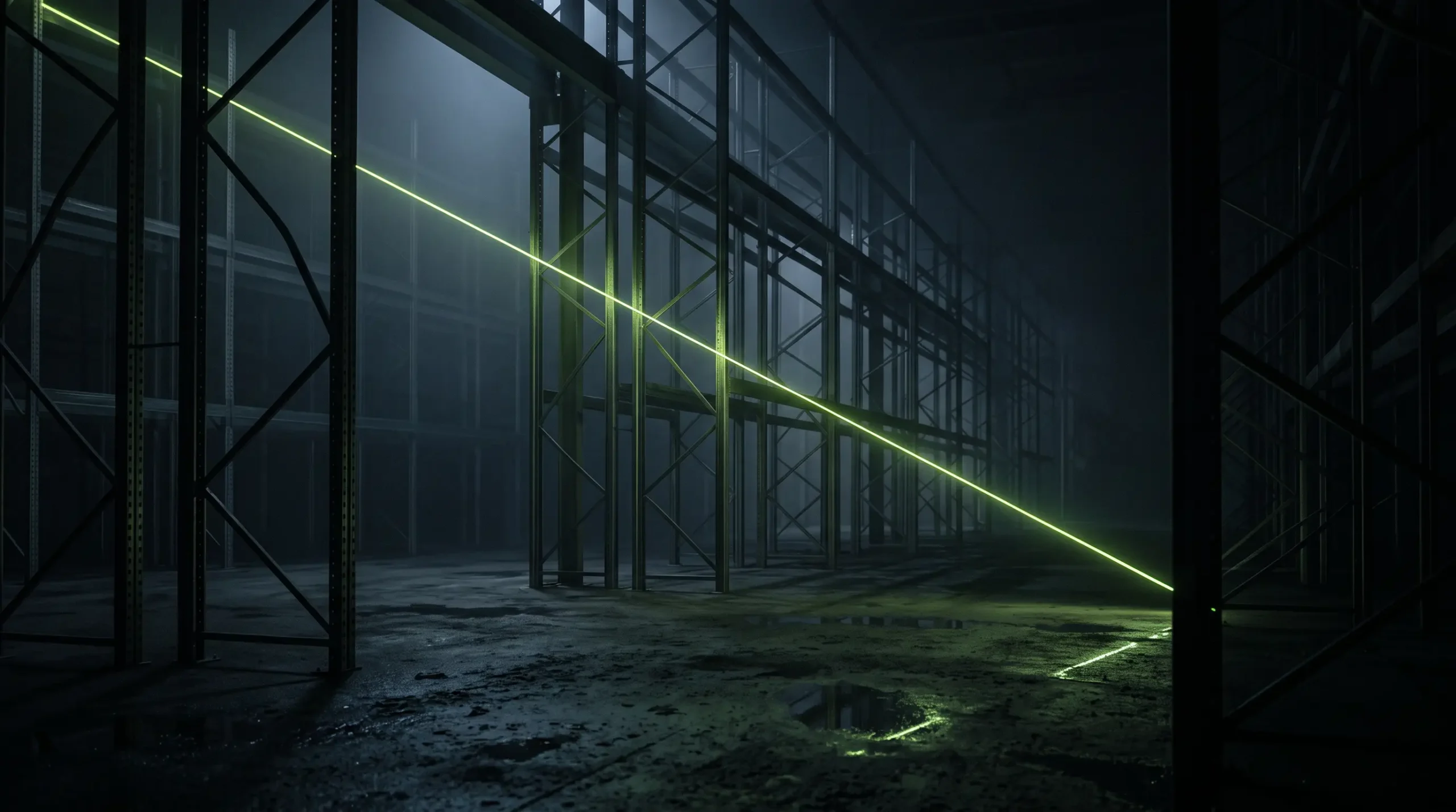 Nave logistica nocturna atravesada por una linea de luz lima