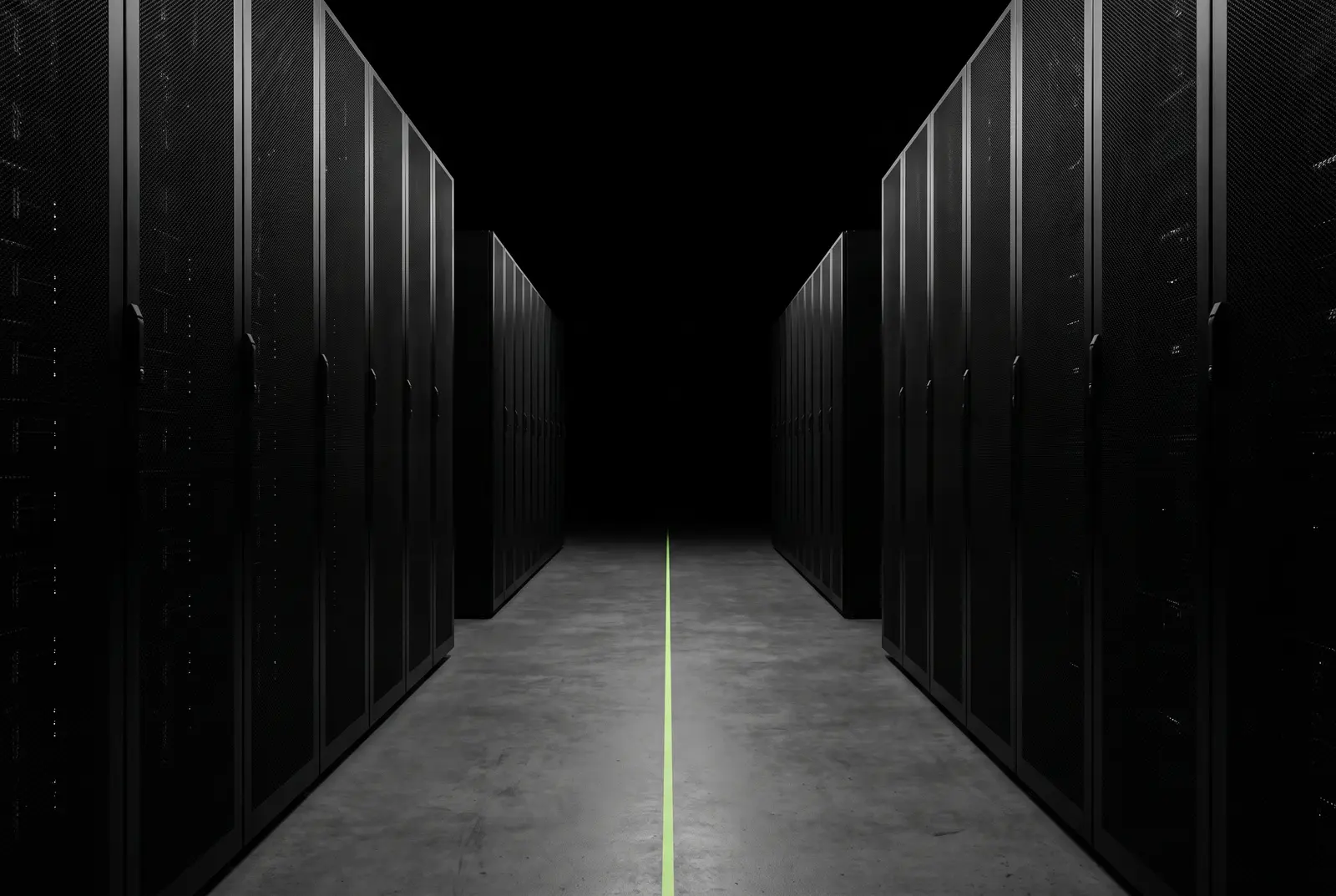 Pasillo de un centro de datos a oscuras con una linea de luz lima en el suelo