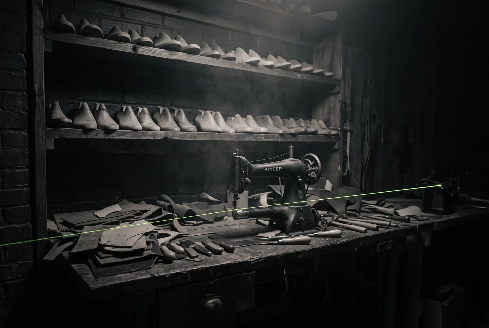 Taller de calzado de noche con hormas en la estanteria y una linea de luz lima