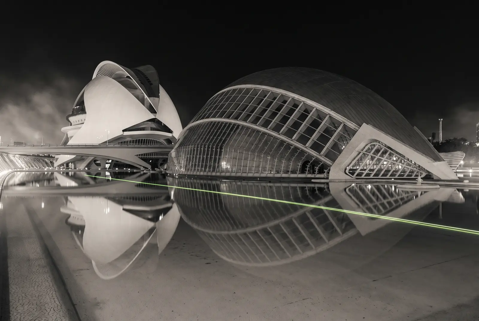 Las cubiertas curvas de la Ciudad de las Artes de Valencia reflejadas de noche